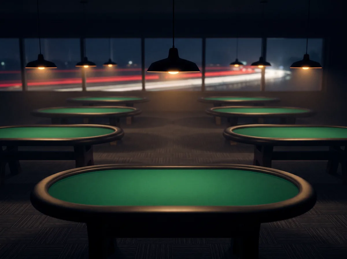 A quiet poker room with empty oval tables, chairs tucked in and low warm lamps overhead