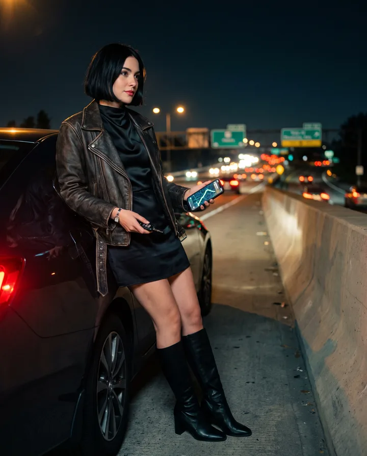 Vera Lockwood, the host of this guide, leans on a car at a highway overpass at night with car keys and a phone showing a map, light trails below