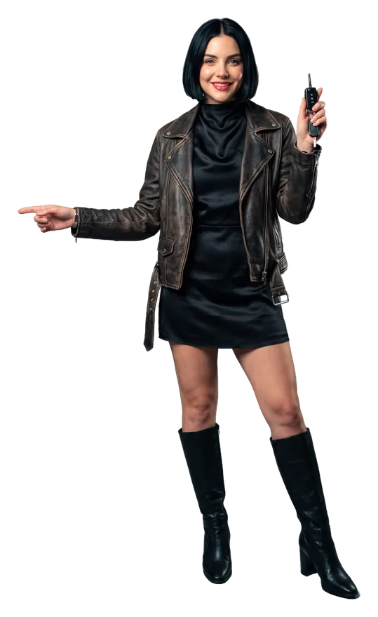 Vera Lockwood, the host of this guide, holds up car keys and points at the guide signs: casino floor, poker room and race nights